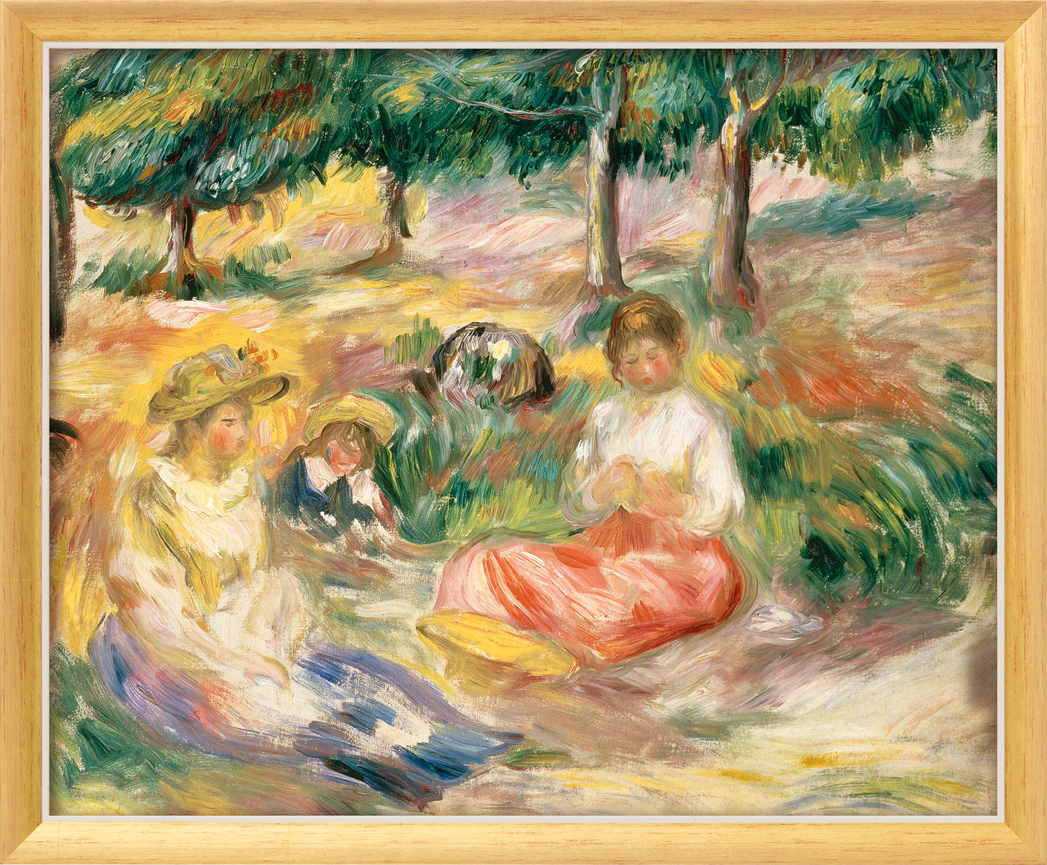 Auguste Renoir: Bild 'Drei junge Frauen im Grünen' (1896-97), Version goldfarben-weiß gerahmt