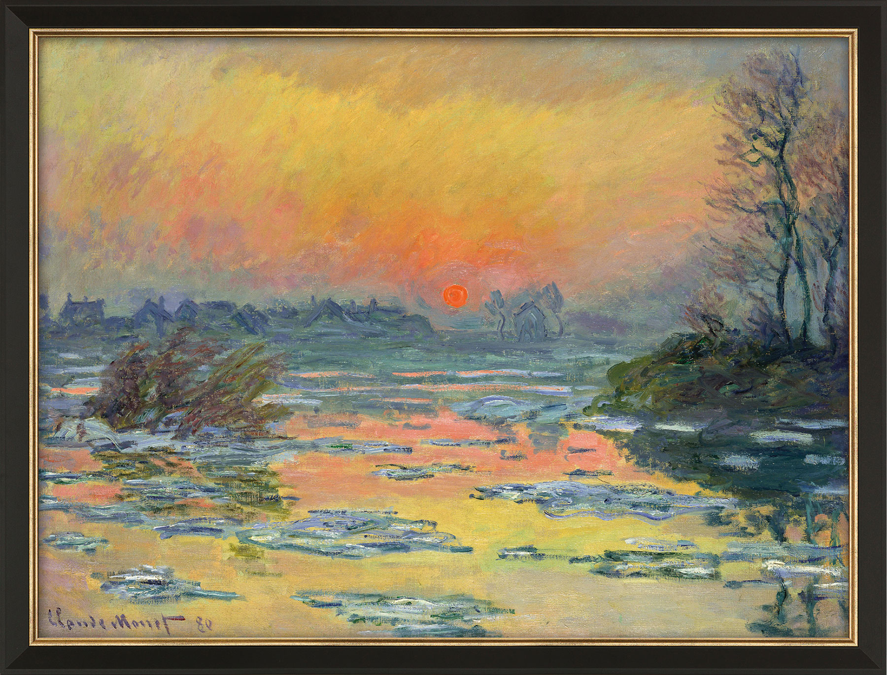 Claude Monet: Bild 'Sonnenuntergang an der Seine im Winter' (1880), Version schwarz-goldfarben gerahmt