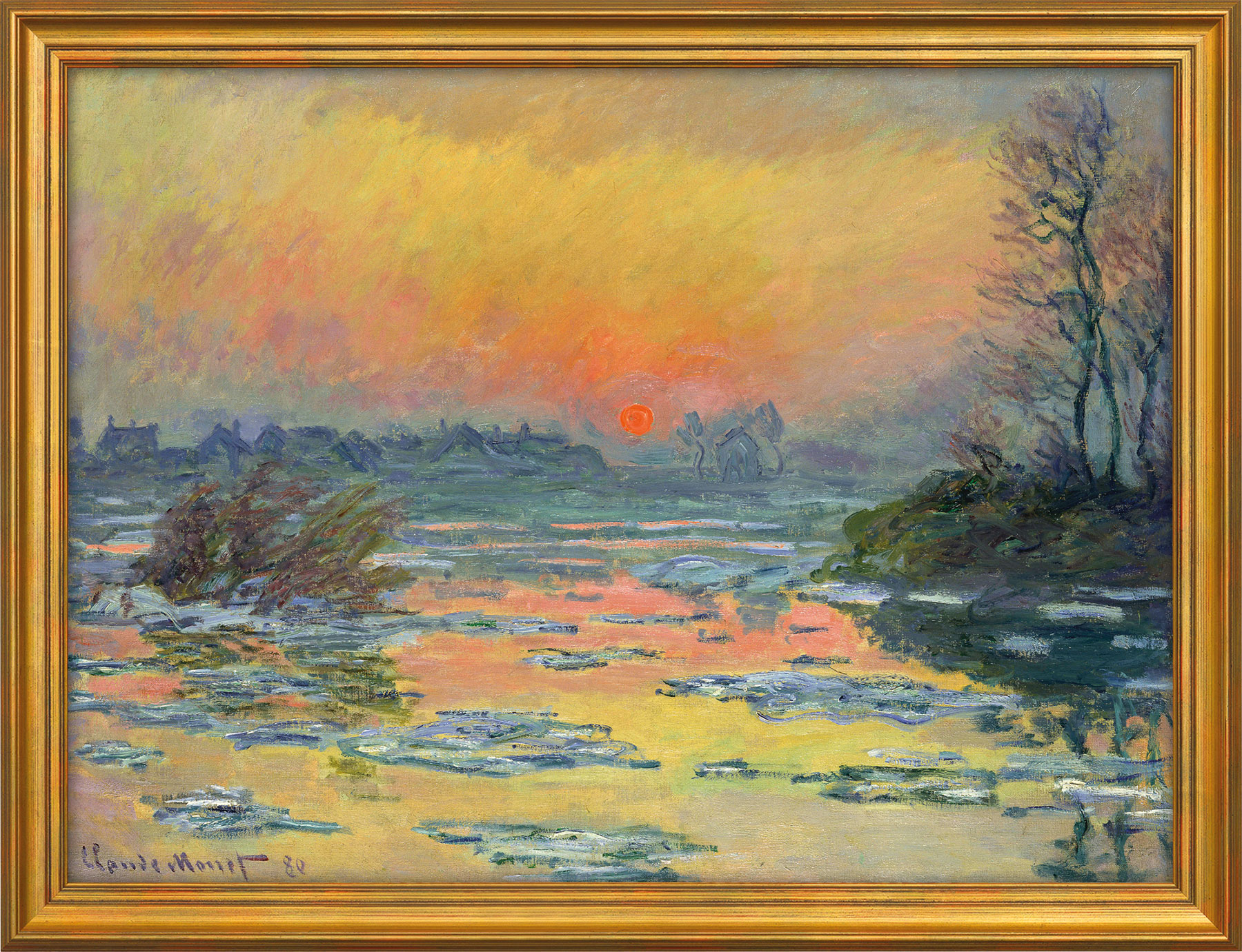 Claude Monet: Bild 'Sonnenuntergang an der Seine im Winter' (1880), Version goldfarben gerahmt