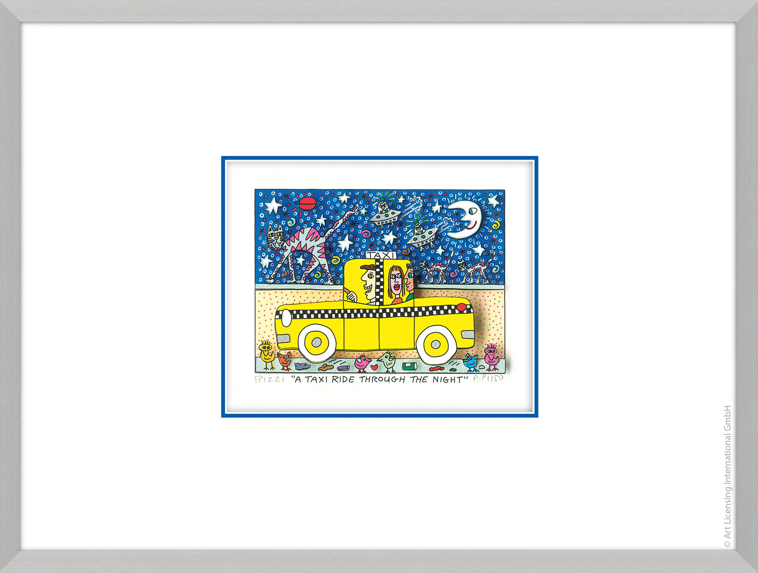 James Rizzi: 3D-Bild 'A Taxi ride through the Night' (2019), gerahmt