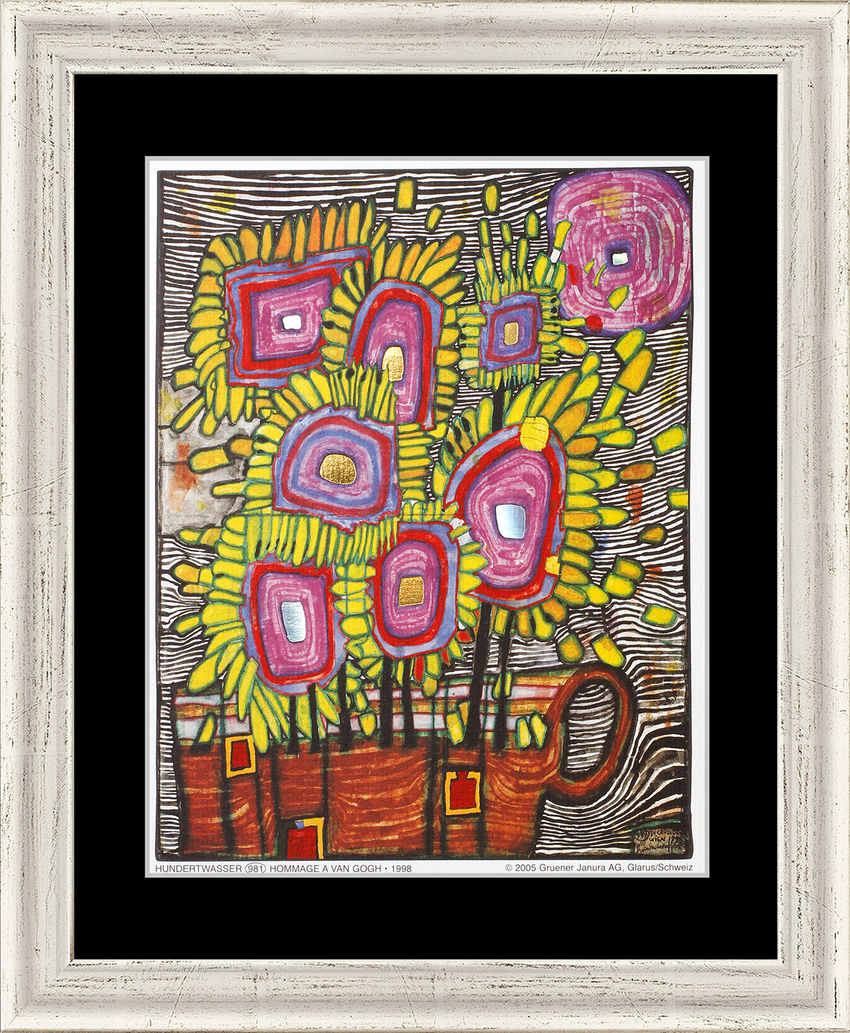 Friedensreich Hundertwasser: (981) Bild 'Strauß - Blumenstrauß (Hommage à van Gogh), schwarz' (1998), gerahmt