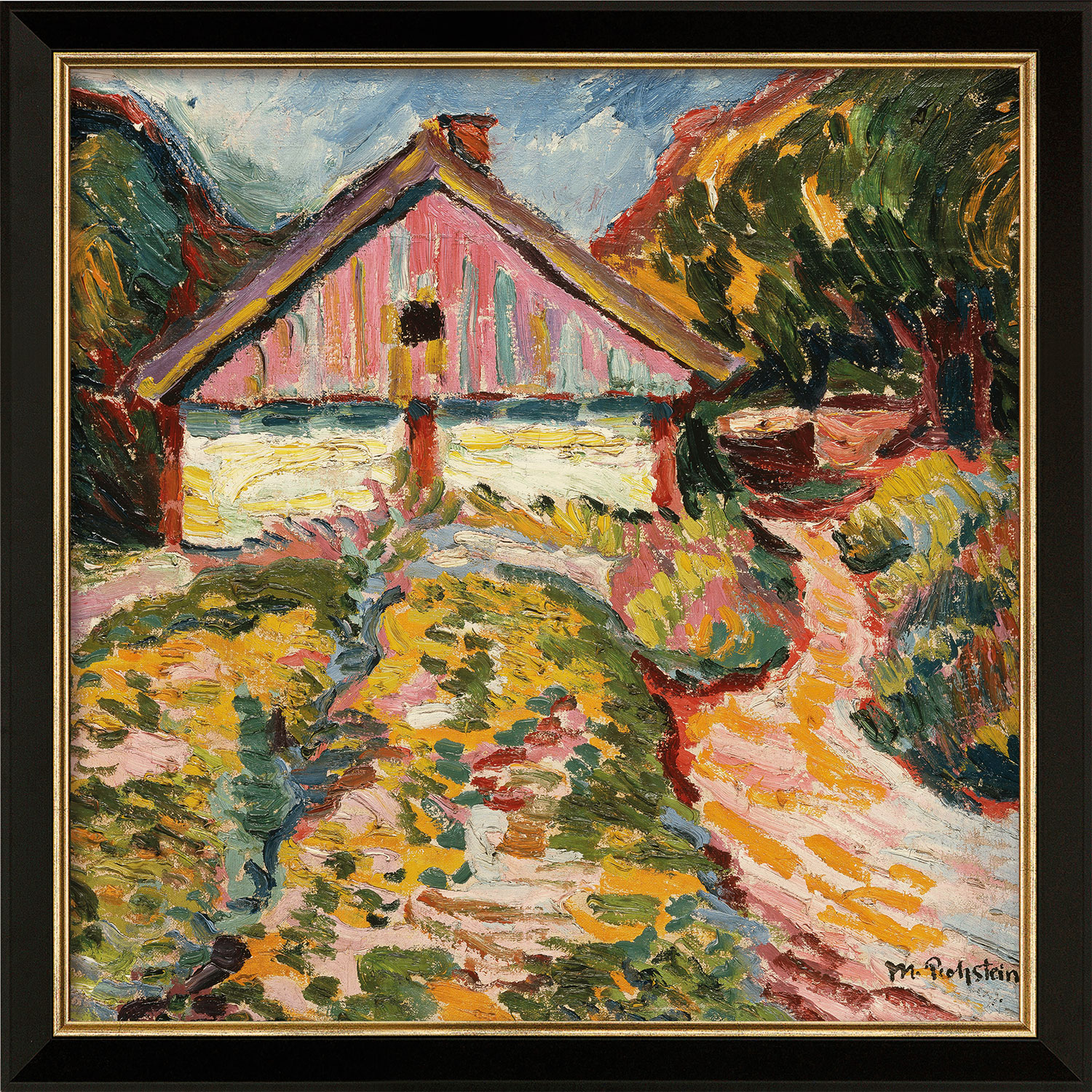 Max Pechstein: Bild 'Haus an der Kurischen Nehrung' (1909), Version schwarz-goldfarben gerahmt