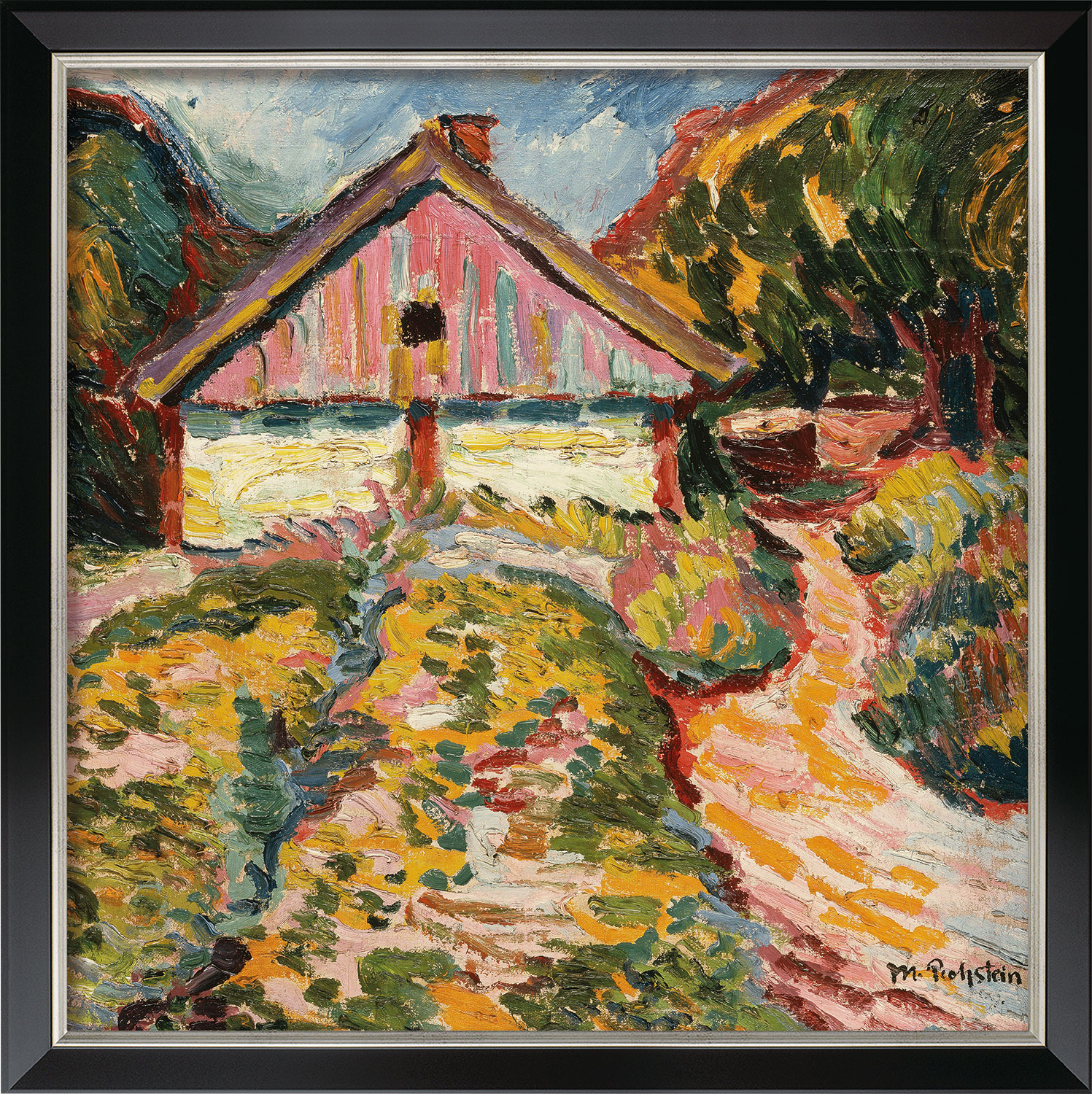 Max Pechstein: Bild 'Haus an der Kurischen Nehrung' (1909), Version schwarz-silberfarben gerahmt