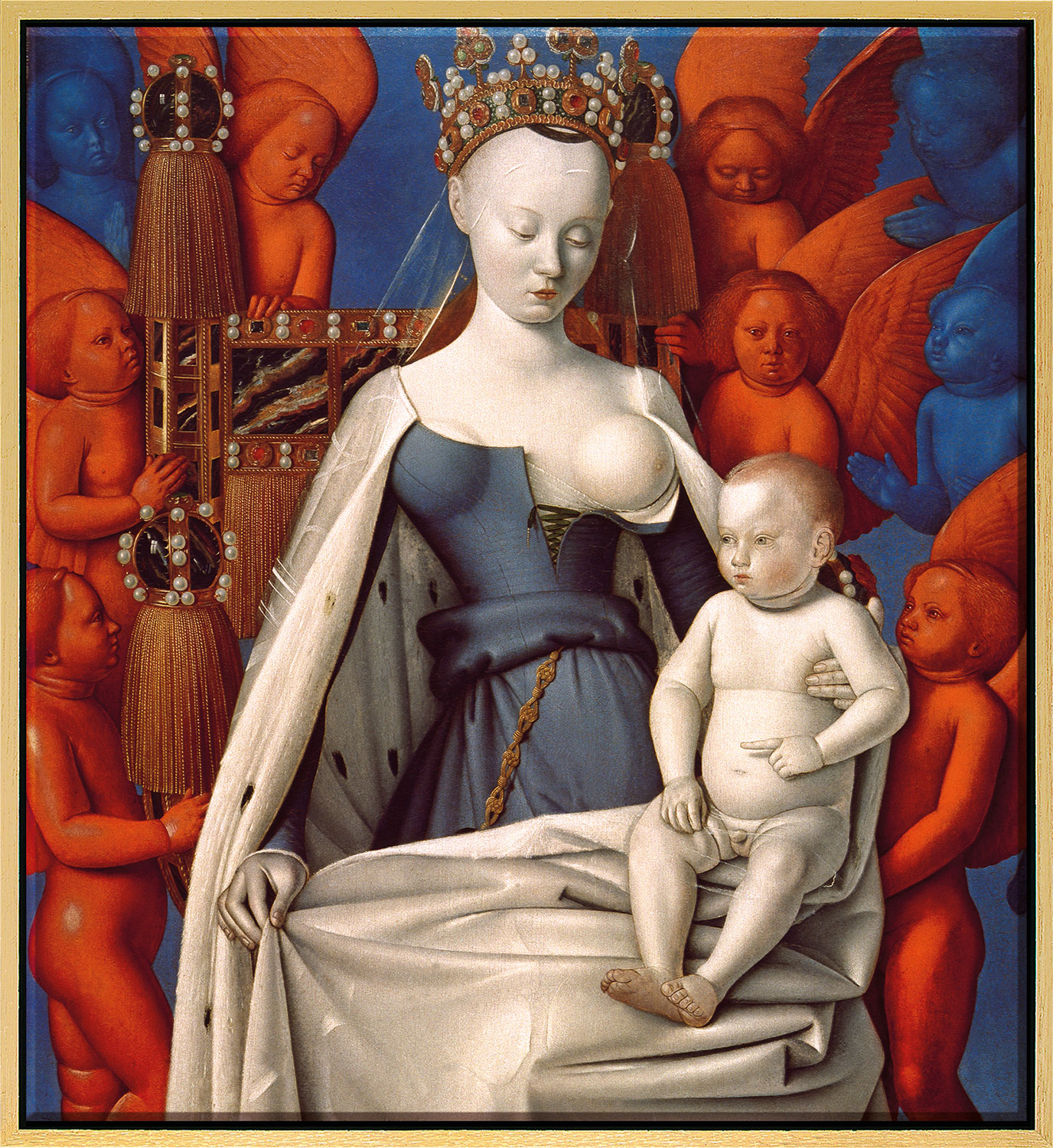 Jean Fouquet: Bild 'Madonna umgeben von Cherubim und Seraphim' (um 1450), Version goldfarben gerahmt