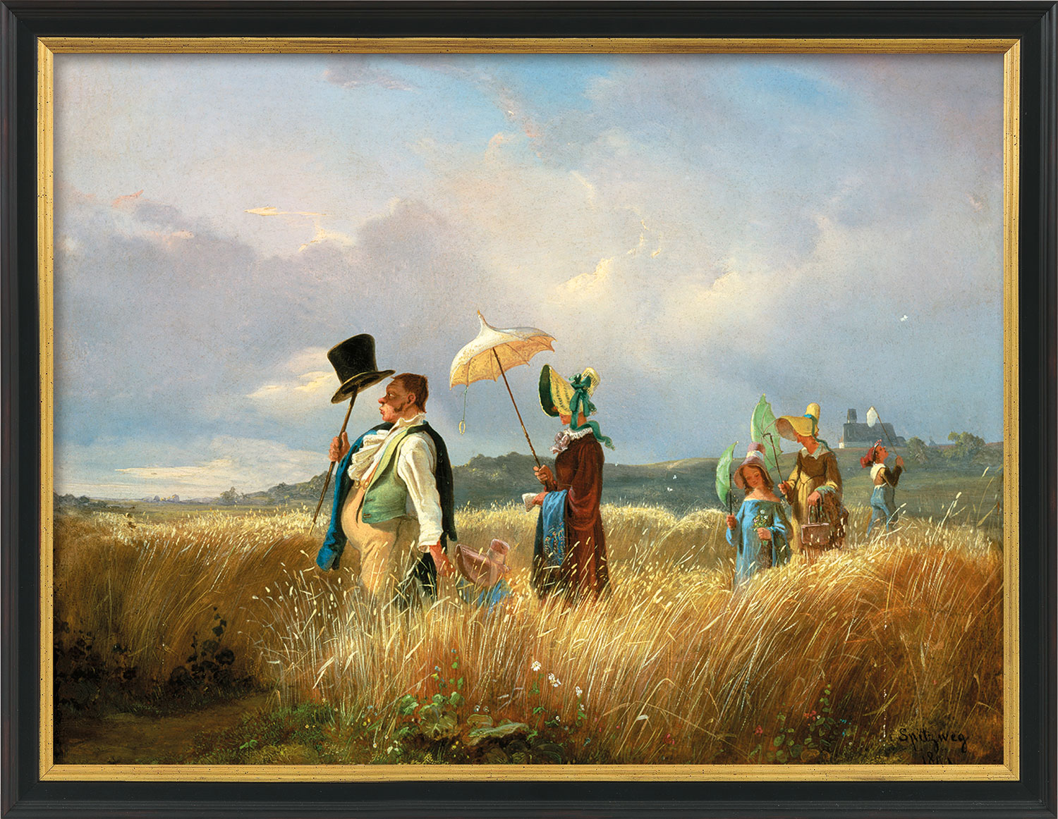 Carl Spitzweg: Bild 'Der Sonntagsspaziergang' (1841), Version schwarz-goldfarben gerahmt