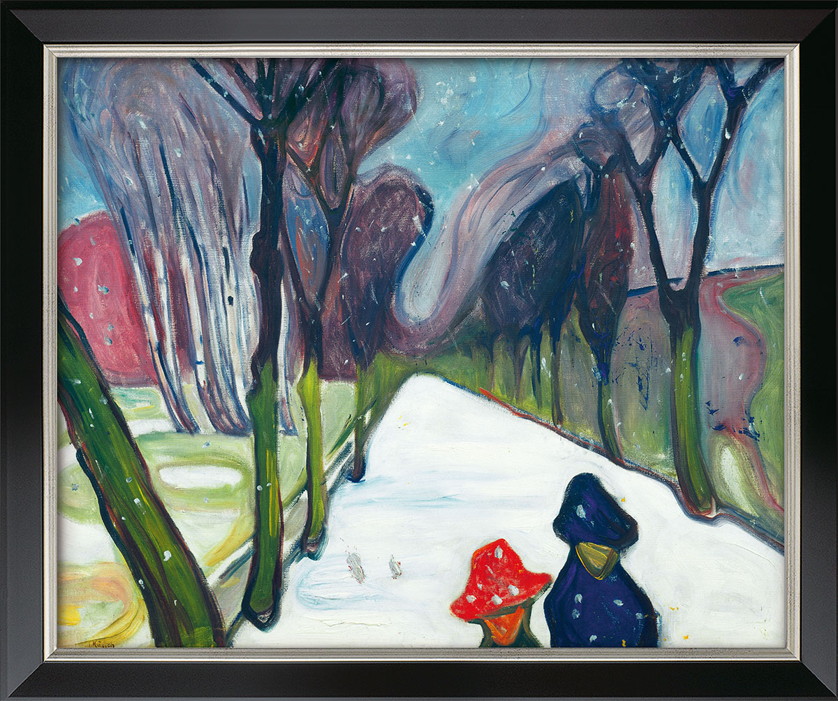 Edvard Munch: Bild 'Allee im Schneegestöber' (1906), Version schwarz-silberfarben gerahmt