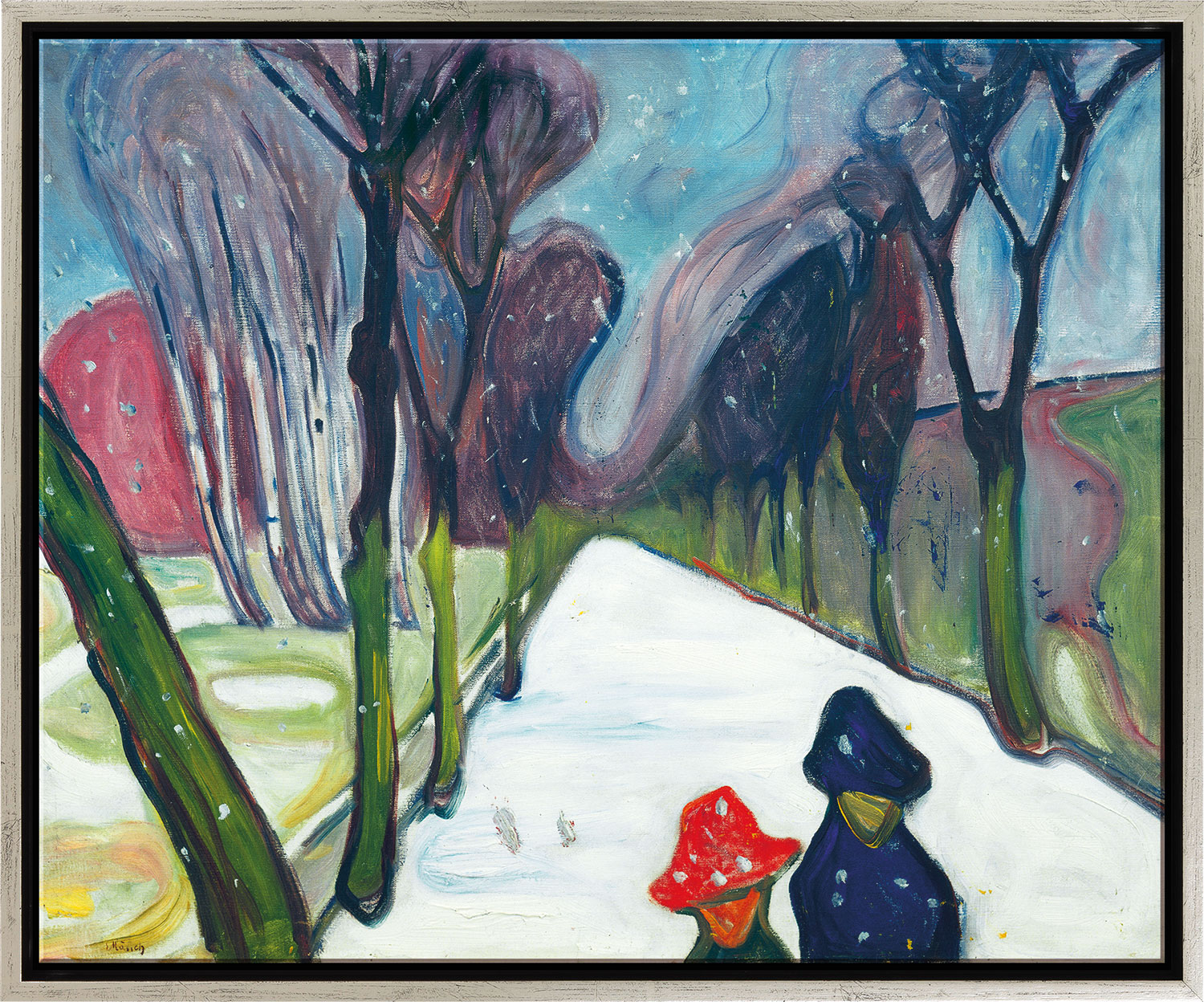 Edvard Munch: Bild 'Allee im Schneegestöber' (1906), Version silberfarben gerahmt