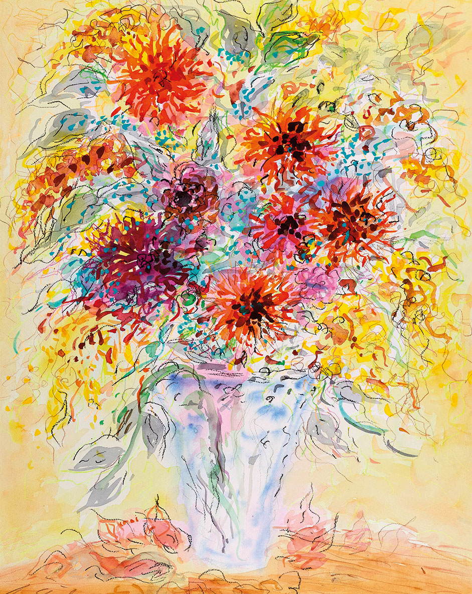 Ansgar Skiba: Bild 'Blumenstrauß in hellblauer Vase' (2016) (Original / Unikat), ungerahmt