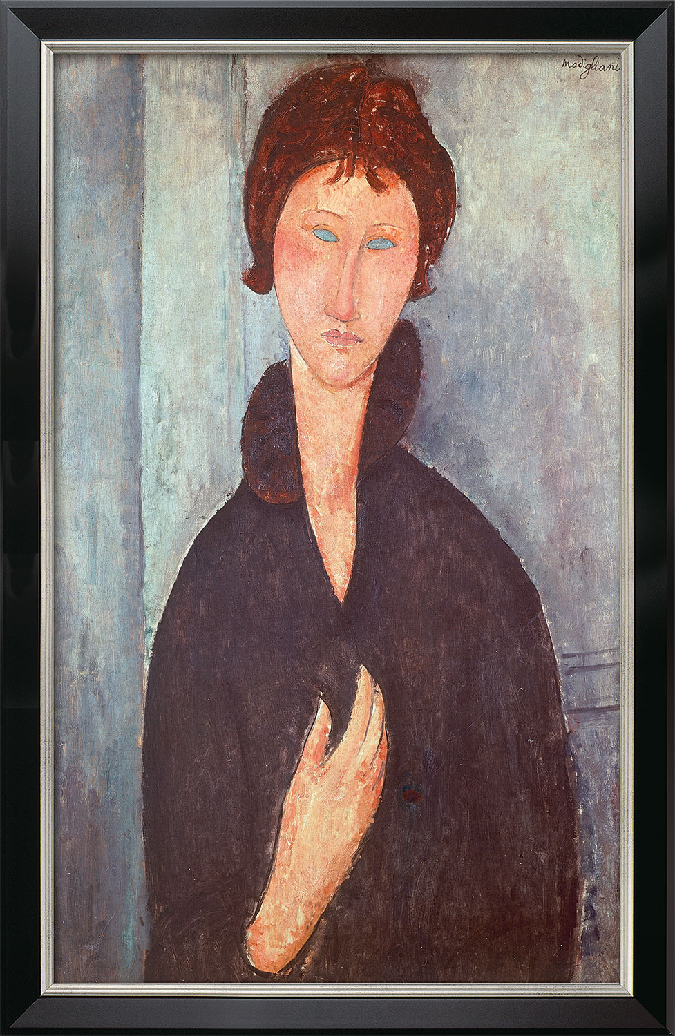 Amedeo Modigliani: Bild 'Frau mit blauen Augen' (1918), Version schwarz-silberfarben gerahmt