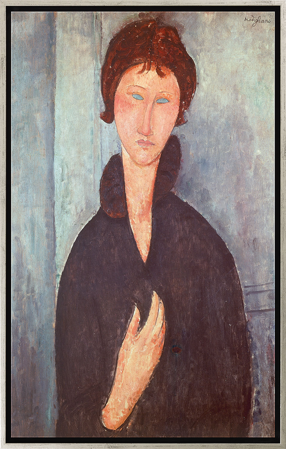 Amedeo Modigliani: Bild 'Frau mit blauen Augen' (1918), Version silberfarben gerahmt