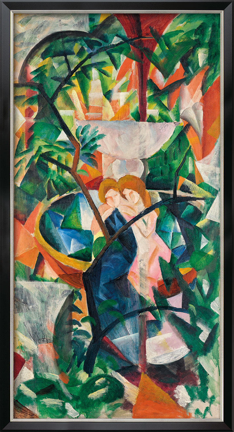 August Macke: Bild 'Mädchen am Springbrunnen' (1913), Version schwarz-silberfarben gerahmt