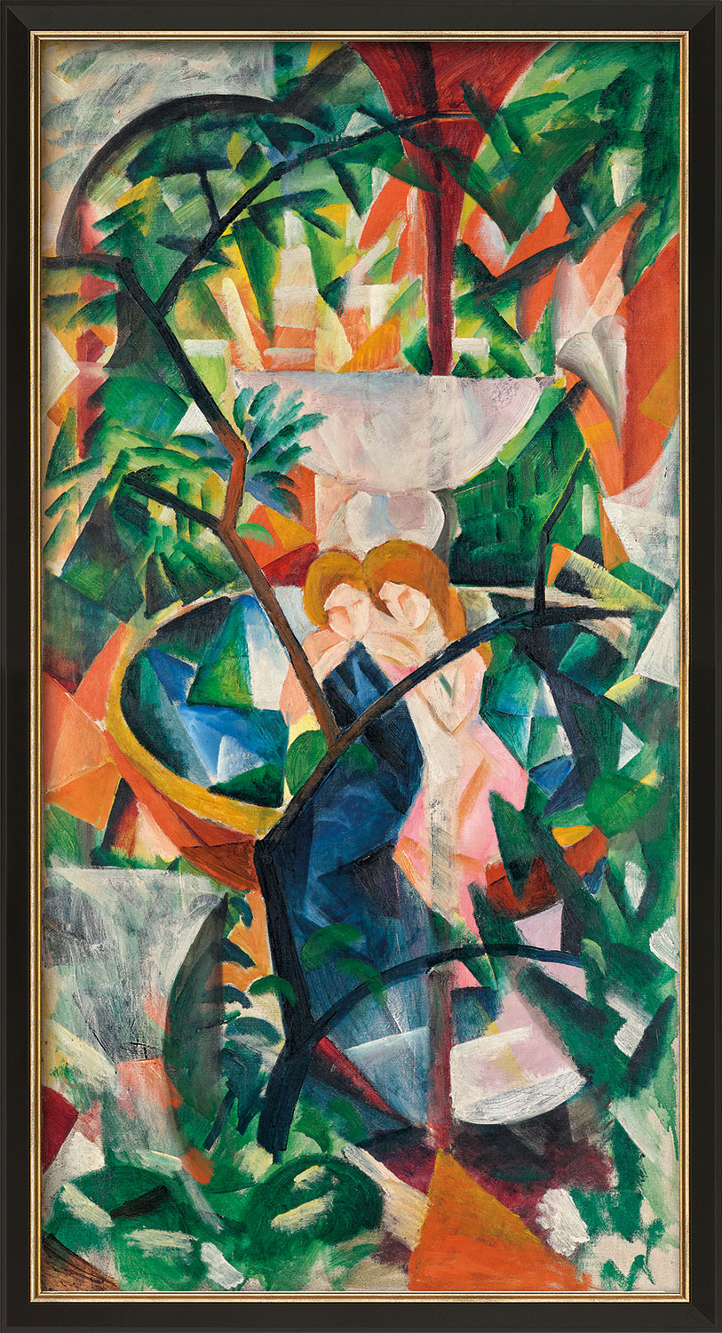 August Macke: Bild 'Mädchen am Springbrunnen' (1913), Version schwarz-goldfarben gerahmt