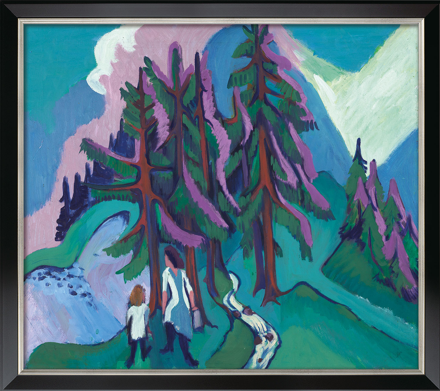 Ernst Ludwig Kirchner: Bild 'Frau mit Kind unter Tannen' (1936), Version schwarz-silberfarben gerahmt