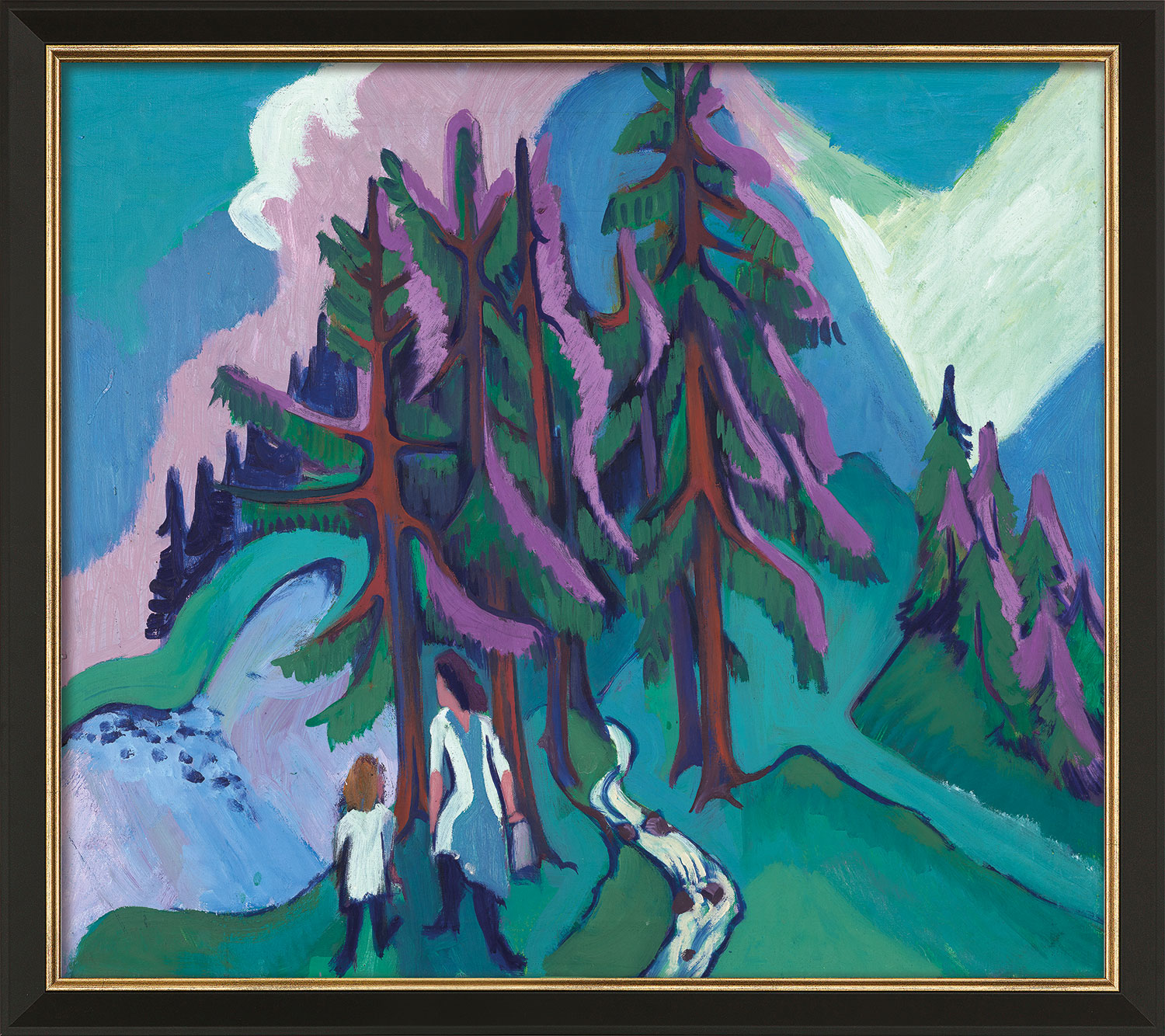 Ernst Ludwig Kirchner: Bild 'Frau mit Kind unter Tannen' (1936), Version schwarz-goldfarben gerahmt