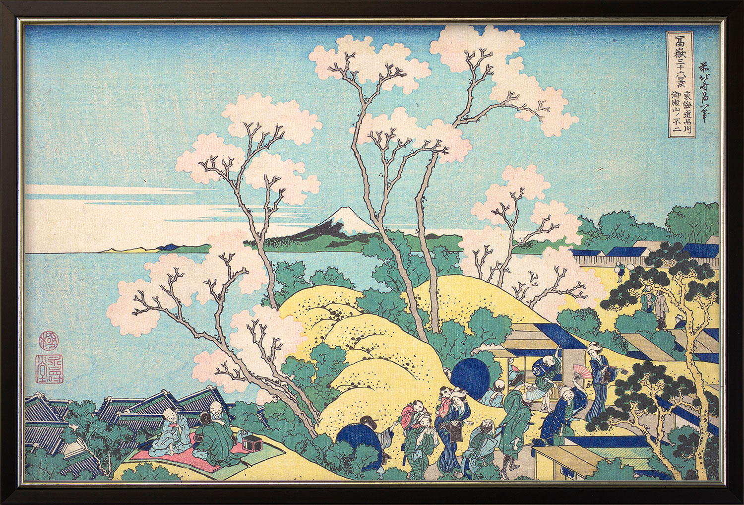 Katsushika Hokusai: Bild 'Der Fuji von Gotenyama in Shinangawa von der Handelsstraße Tokaido aus' (um 1830-32), gerahmt