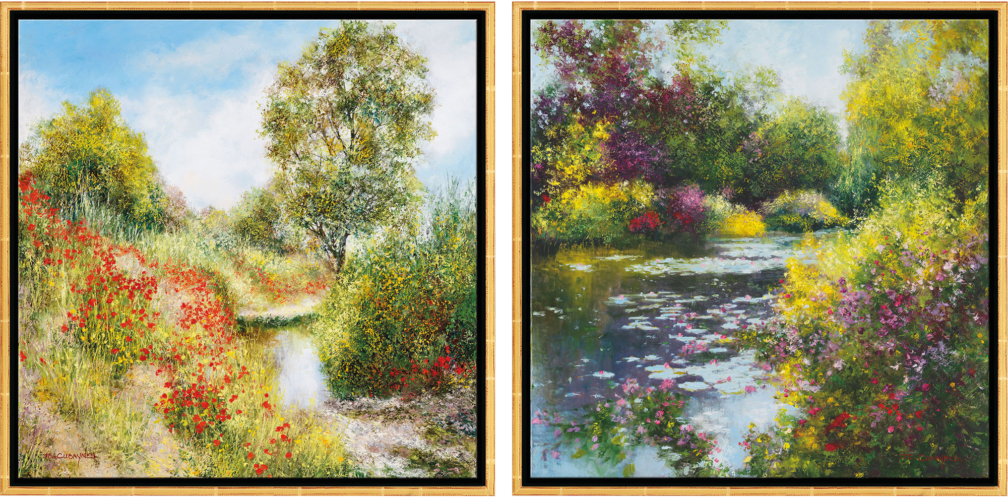 Jean-Claude Cubaynes: 2 Bilder 'Plaine de Grimaud' + 'A Giverny le Jardin de Monet' im Set, gerahmt