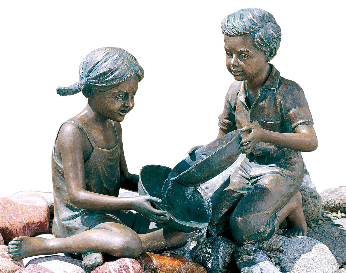 2 Gartenskulpturen / Wasserspeier 'Lisa und Lasse' im Set, Bronze