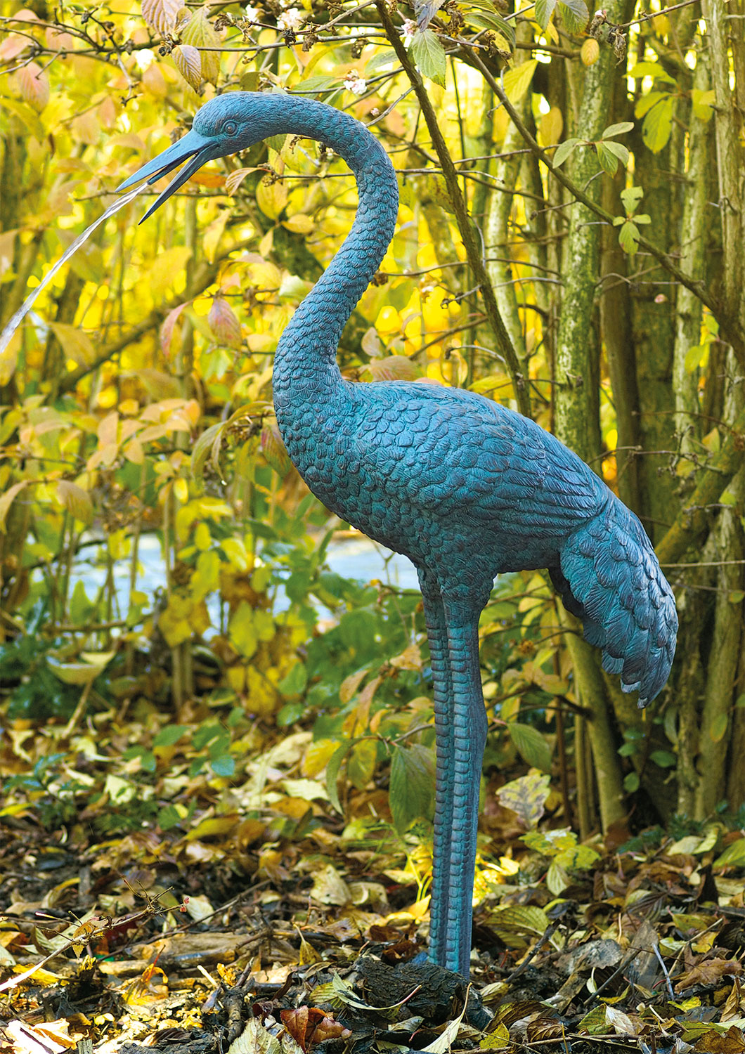 Gartenskulptur / Wasserspeier 'Kranich mit rundem Hals', Bronze