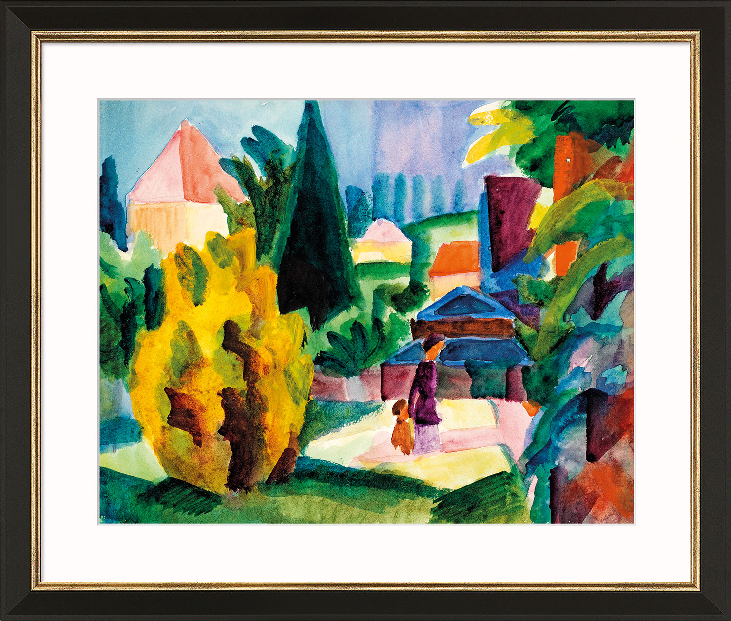 August Macke: Bild 'Im Schlossgarten von Oberhofen' (1914), Version schwarz-goldfarben gerahmt