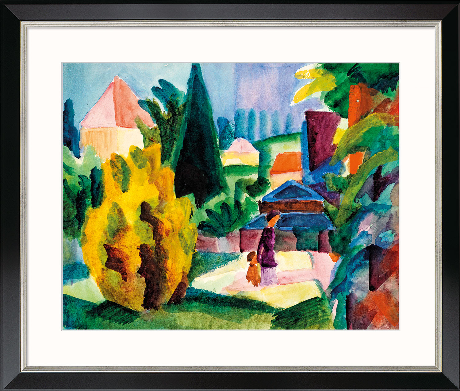 August Macke: Bild 'Im Schlossgarten von Oberhofen' (1914), Version schwarz-silberfarben gerahmt