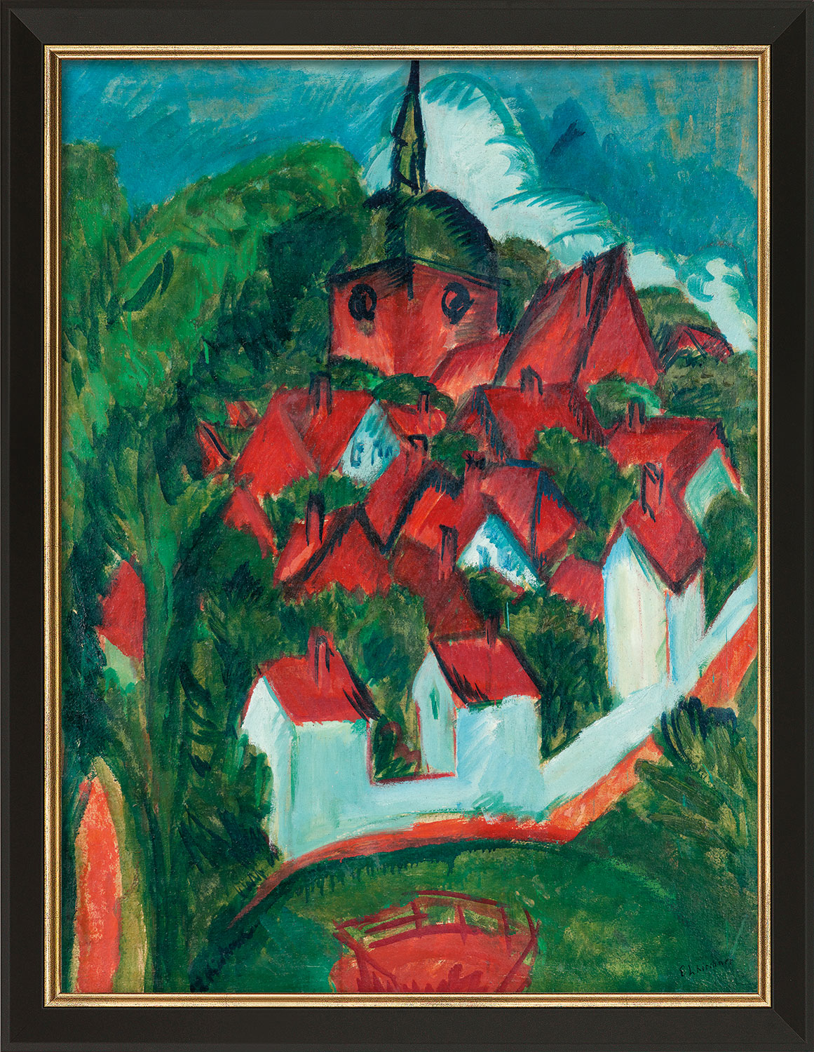 Ernst Ludwig Kirchner: Bild 'Burg auf Fehmarn' (1912), Version schwarz-goldfarben gerahmt