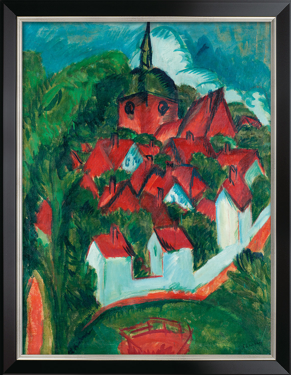 Ernst Ludwig Kirchner: Bild 'Burg auf Fehmarn' (1912), Version schwarz-silberfarben gerahmt