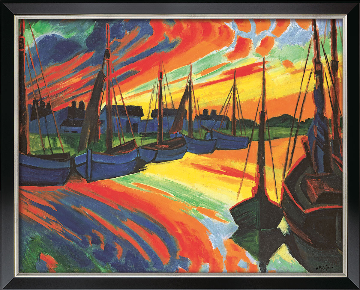 Max Pechstein: Bild 'Hafen von Leba' (um 1922), Version schwarz-silberfarben gerahmt