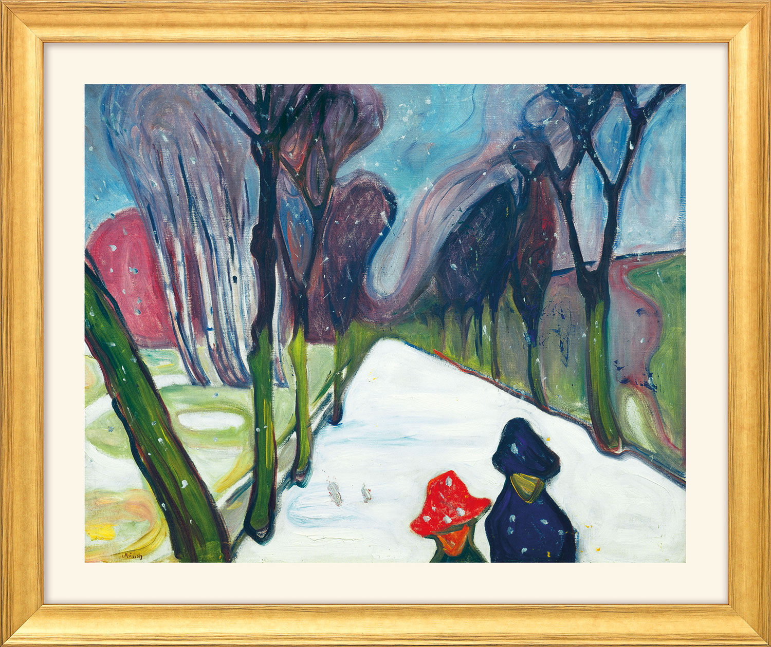 Edvard Munch: Bild 'Allee im Schneegestöber' (1906) - aus 'Jahreszeiten-Zyklus', Version goldfarben gerahmt