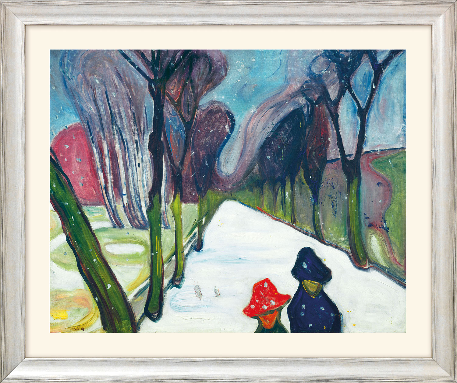 Edvard Munch: Bild 'Allee im Schneegestöber' (1906) - aus 'Jahreszeiten-Zyklus', Version silberfarben gerahmt