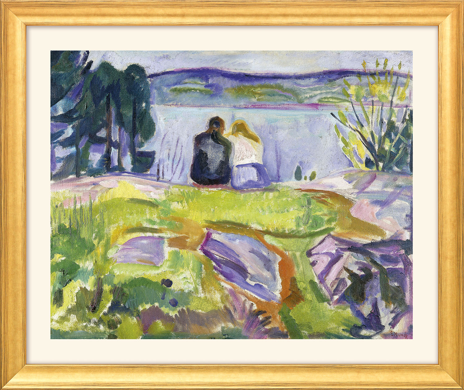 Edvard Munch: Bild 'Frühling (Liebespaar am Ufer)' (1911-13) - aus 'Jahreszeiten-Zyklus', Version goldfarben gerahmt