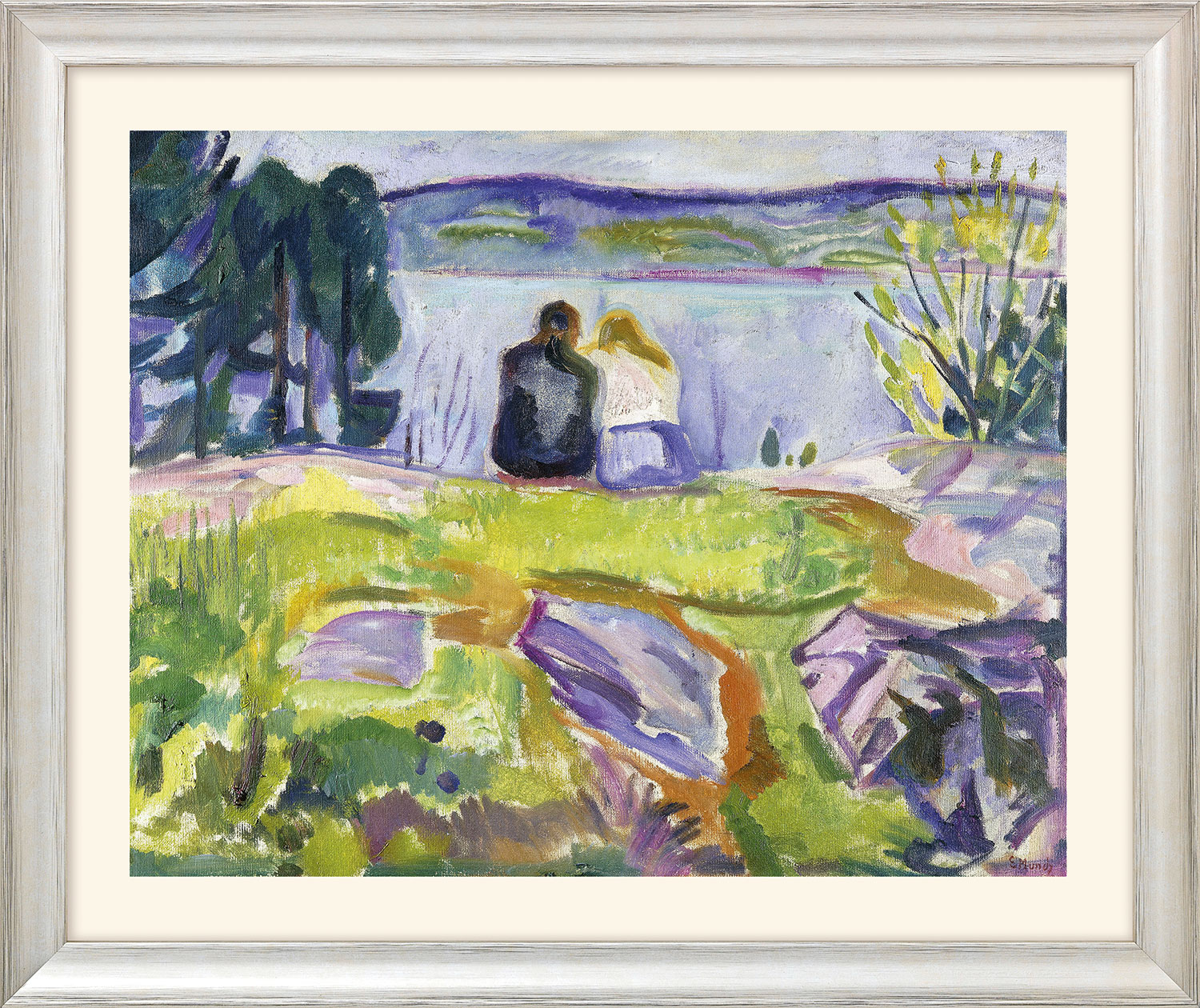 Edvard Munch: Bild 'Frühling (Liebespaar am Ufer)' (1911-13) - aus 'Jahreszeiten-Zyklus', Version silberfarben gerahmt