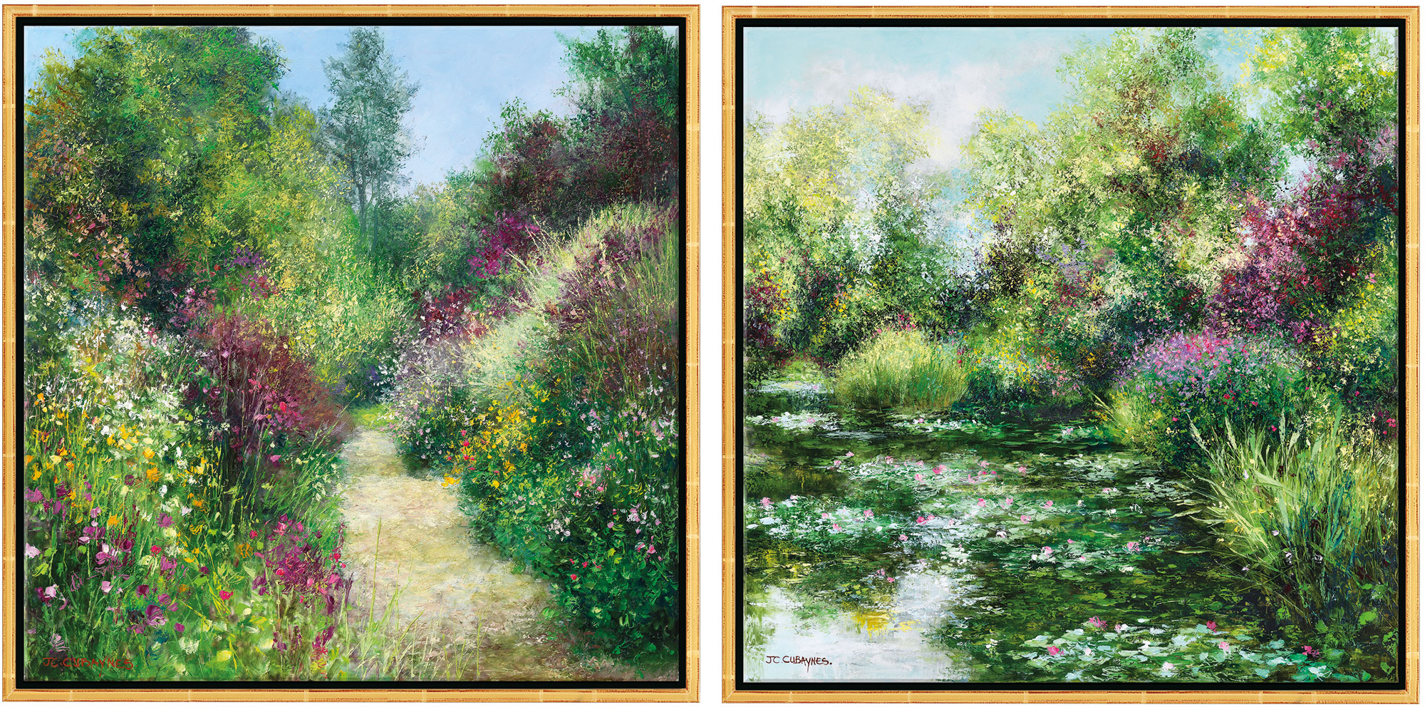 Jean-Claude Cubaynes: 2 Bilder 'L'Etang à Giverny' + 'Giverny - Le Jardin de Pascale à Grimaud' im Set, gerahmt