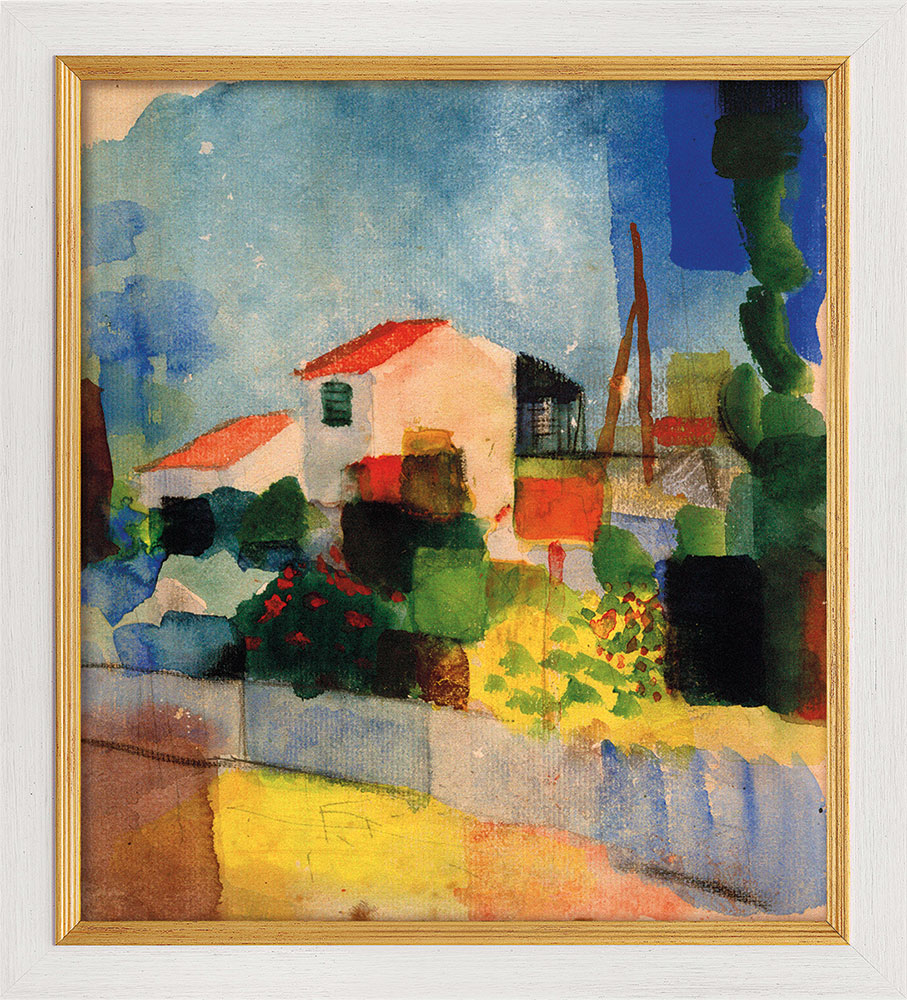 August Macke: Bild 'Das helle Haus' (1914), Version weiß-goldfarben gerahmt