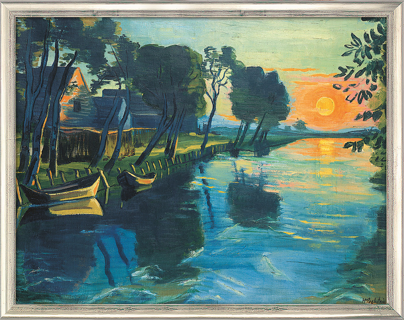 Max Pechstein: Bild 'Die ersten Sonnenstrahlen am Mühlengraben' (um 1934), Version silberfarben gerahmt