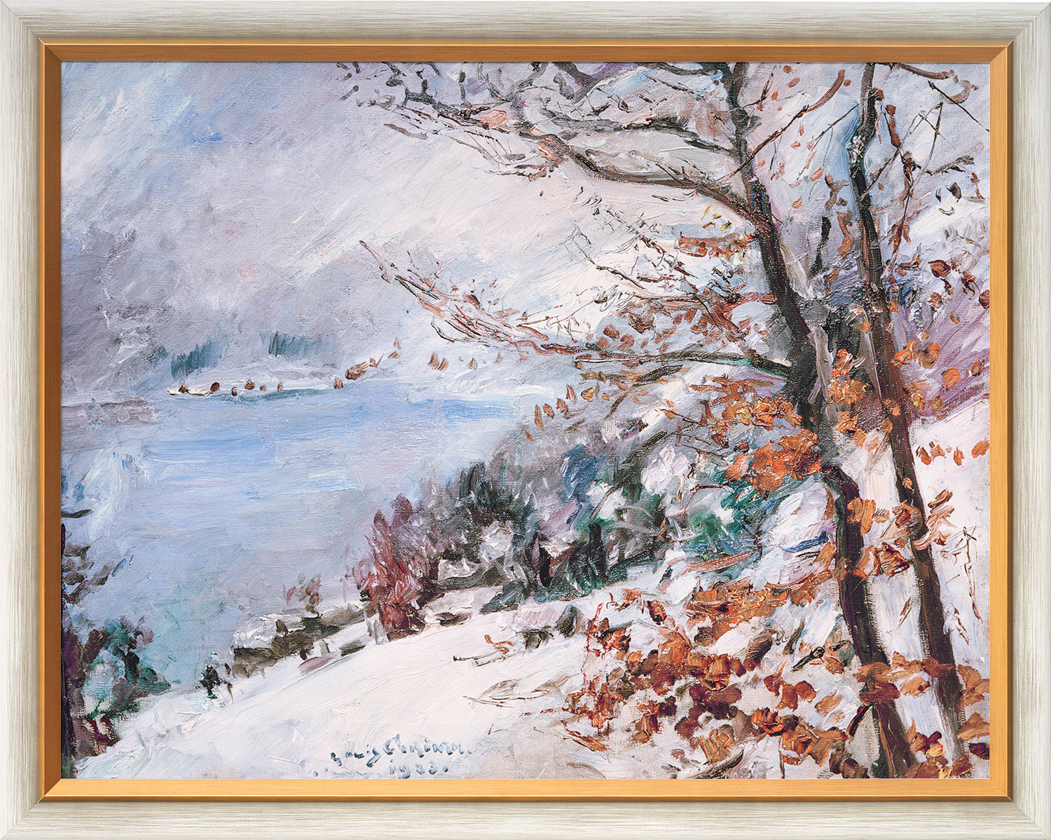 Lovis Corinth: Bild 'Walchensee im Winter' (1923), Version weiß-goldfarben gerahmt