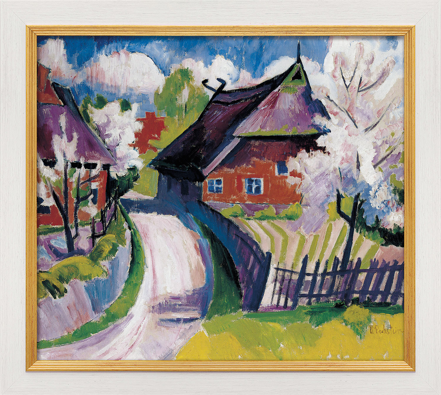 Max Pechstein: Bild 'Frühlingsblüte' (um 1919), Version weiß-goldfarben gerahmt