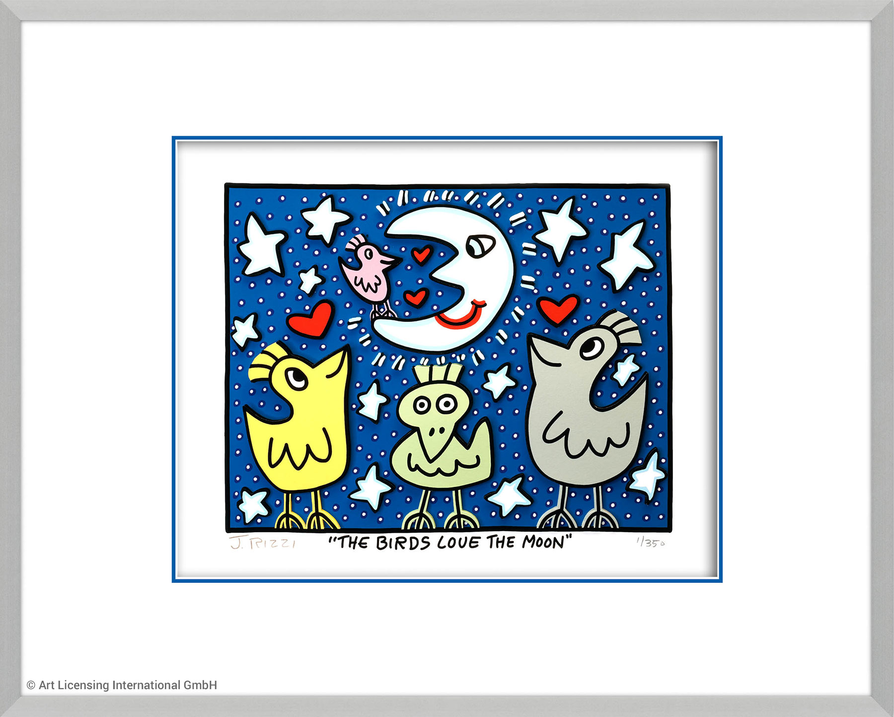 James Rizzi: 3D-Bild 'The Birds love the Moon' (2022), gerahmt