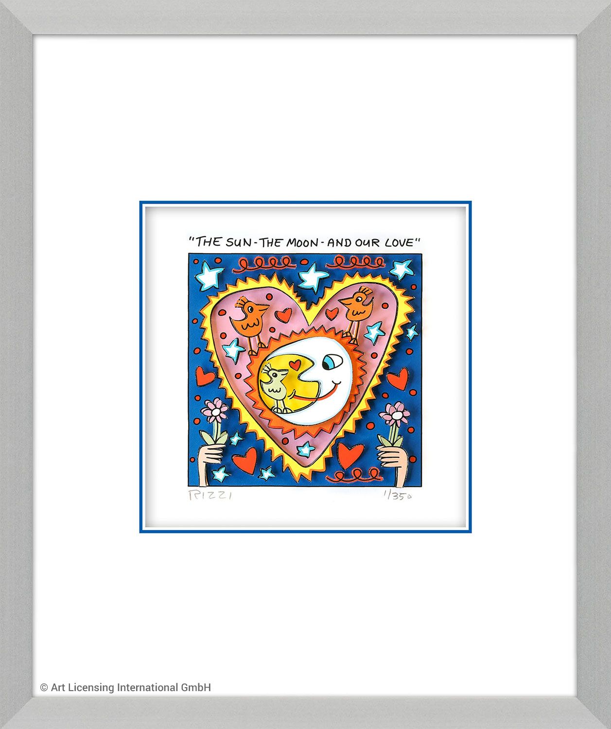 James Rizzi: 3D-Bild 'The Sun - The Moon - And our Love' (2022), gerahmt