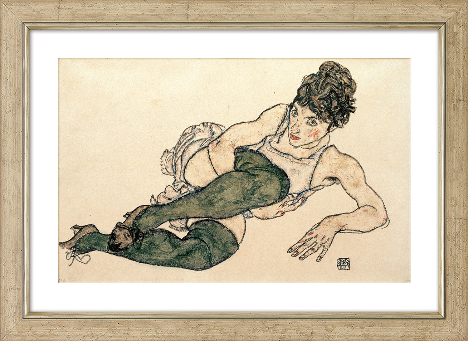 Egon Schiele: Bild 'Liegende Frau mit grünen Strümpfen' (1917), gerahmt