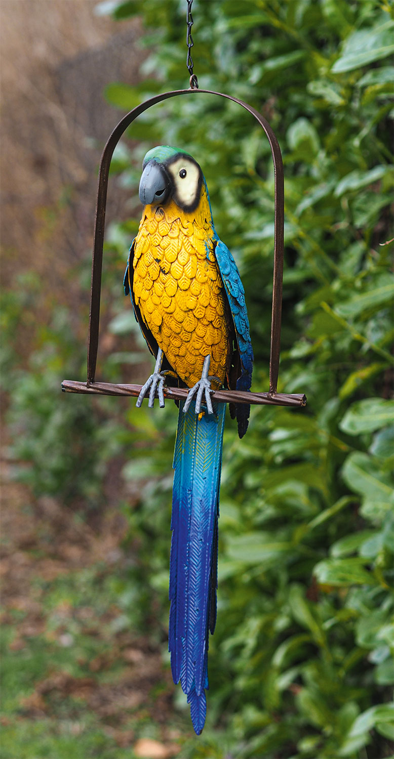 Gartenfigur / Hängedeko 'Papagei auf Schaukel', Gartenskulptur