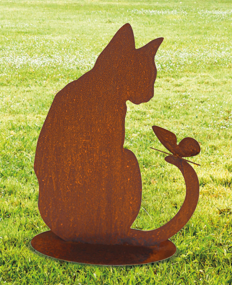 Gartenfigur / Silhouette 'Katze mit Schmetterling', Gartenskulptur