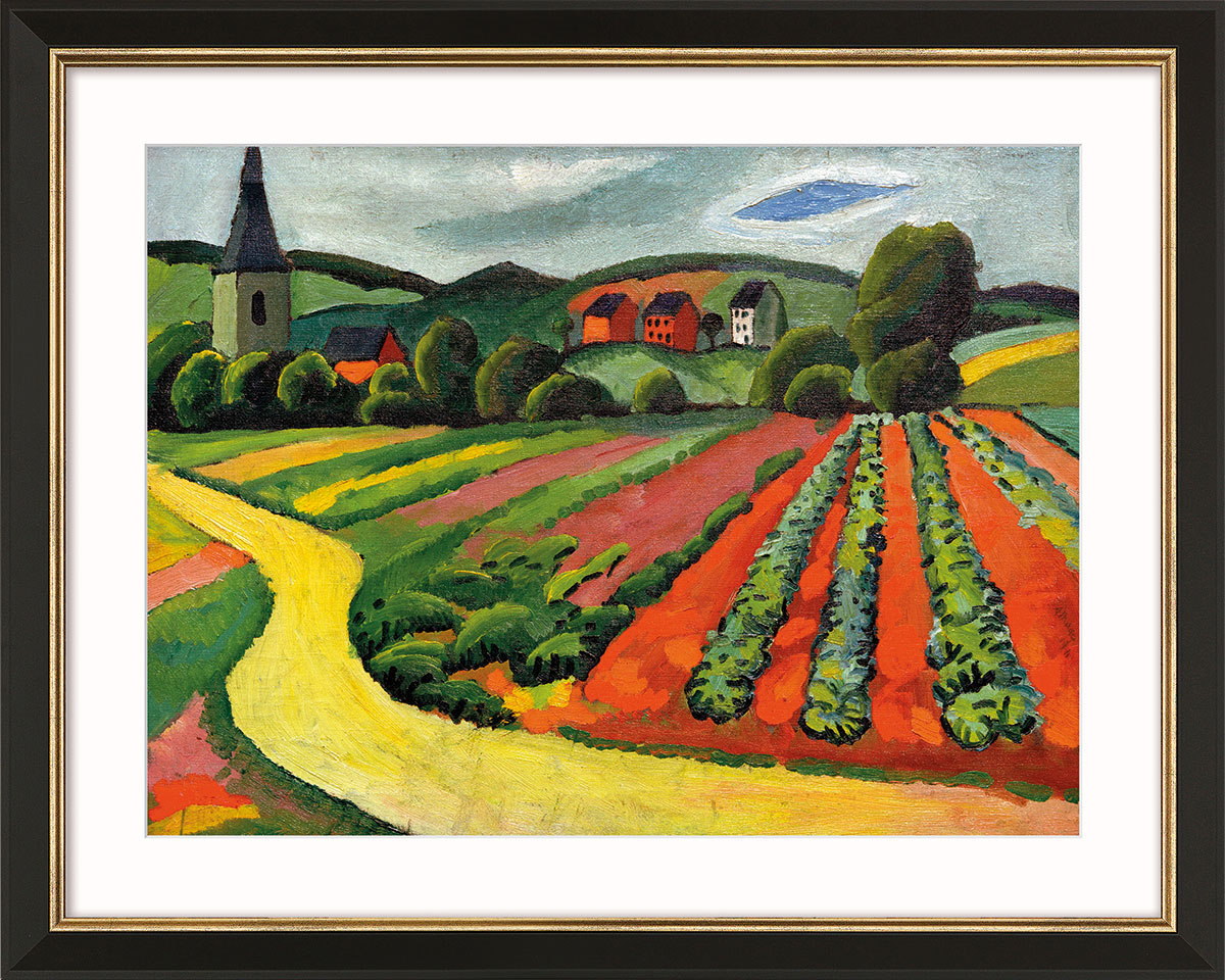 August Macke: Bild 'Landschaft mit Kirche und Weg' (1911), Version schwarz-goldfarben gerahmt