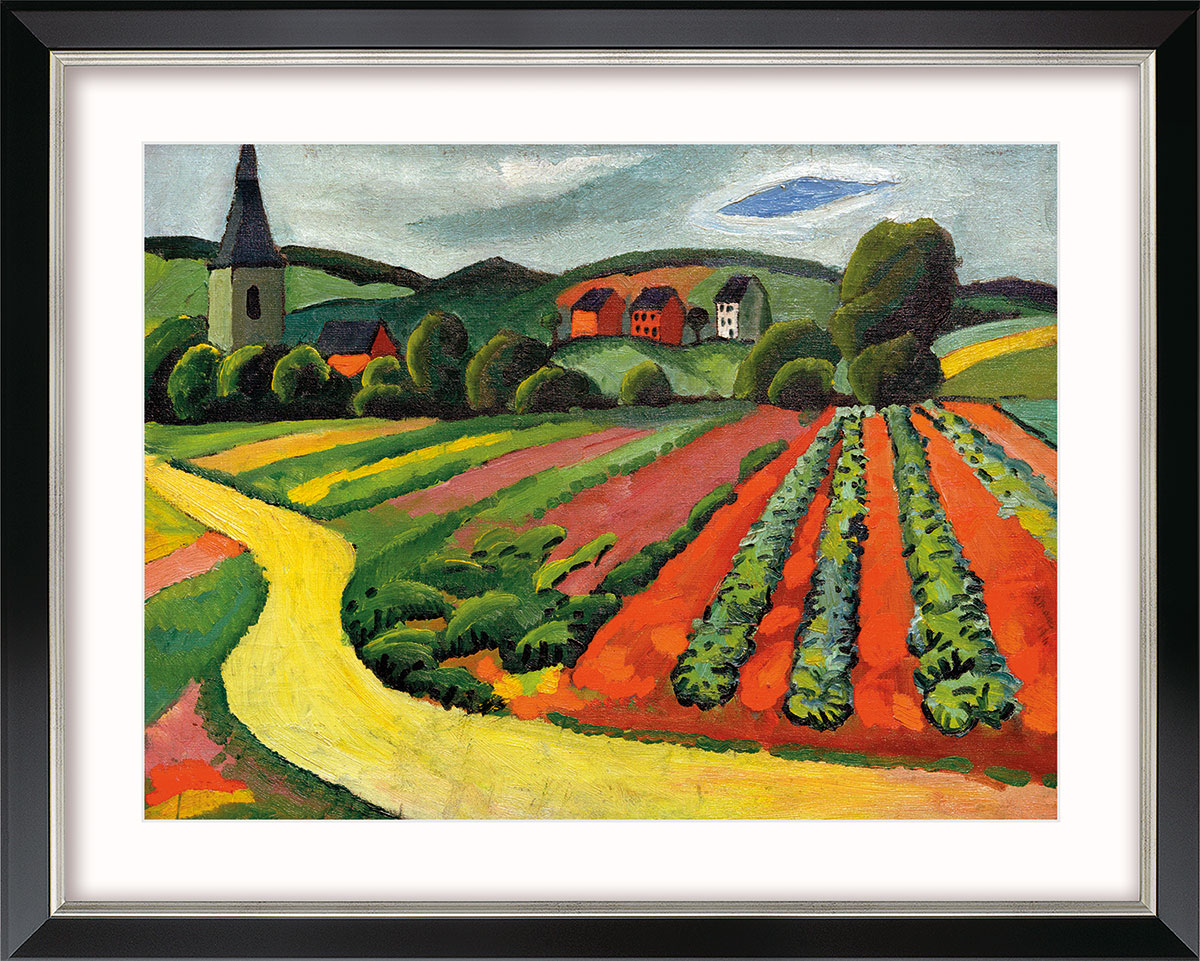 August Macke: Bild 'Landschaft mit Kirche und Weg' (1911), Version schwarz-silberfarben gerahmt