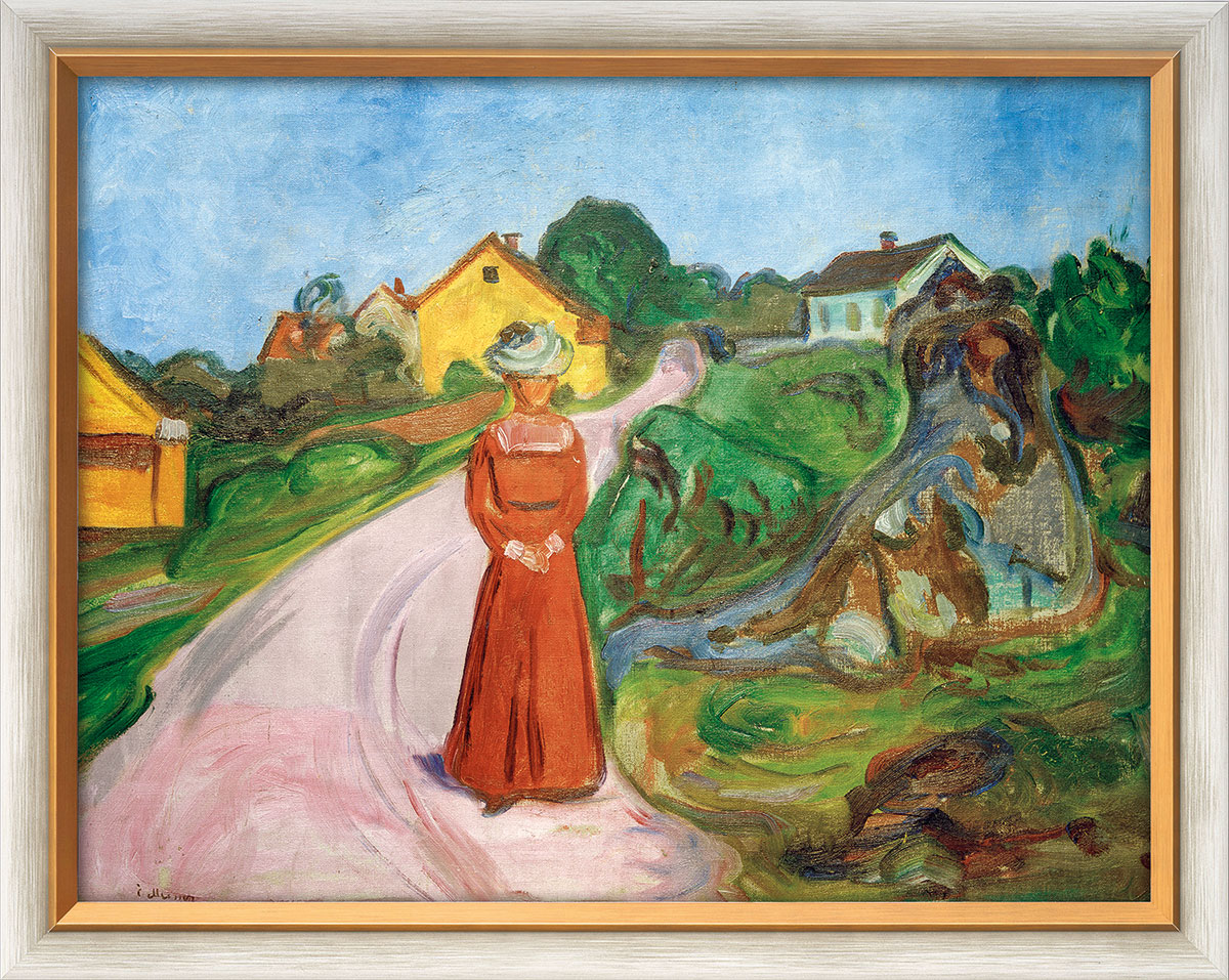 Edvard Munch: Bild 'Frau im roten Kleid (Straße in Asgardstrand)' (1902/03), gerahmt