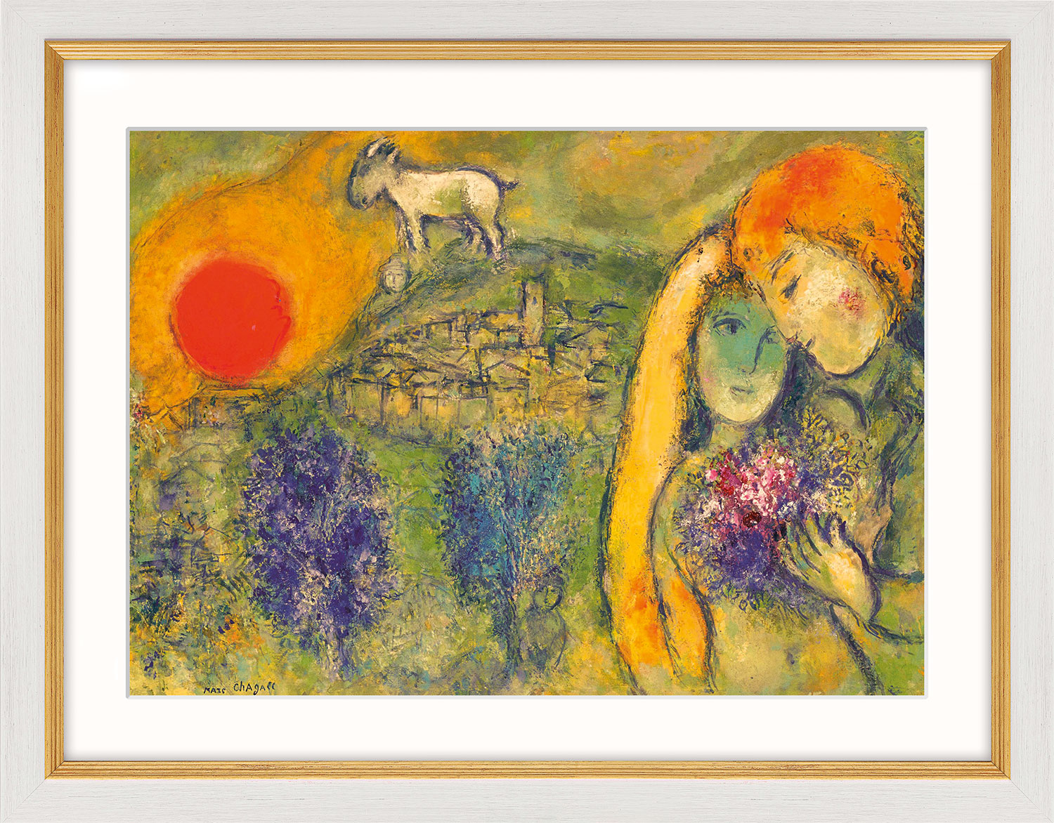 Marc Chagall: Bild 'Die Liebenden von Vence (Les Amoureux de Vence)' (1957), Version weiß-goldfarben gerahmt