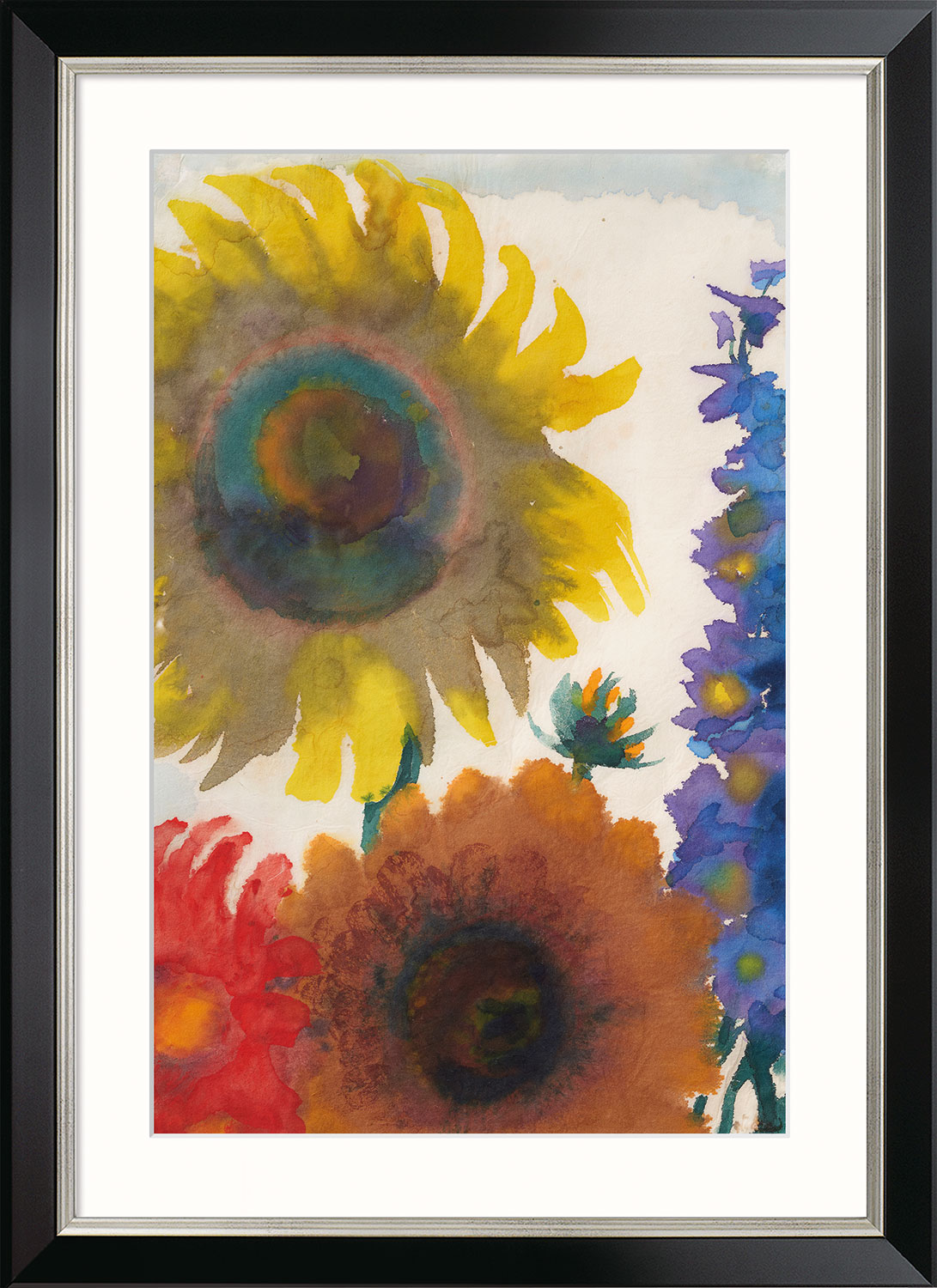 Emil Nolde: Bild 'Sonnenblumen und Rittersporn' (um 1935), Version schwarz-silberfarben gerahmt