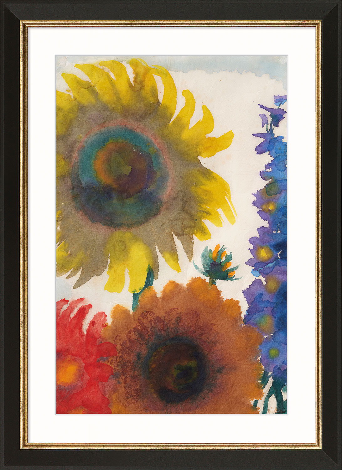 Emil Nolde: Bild 'Sonnenblumen und Rittersporn' (um 1935), Version schwarz-goldfarben gerahmt