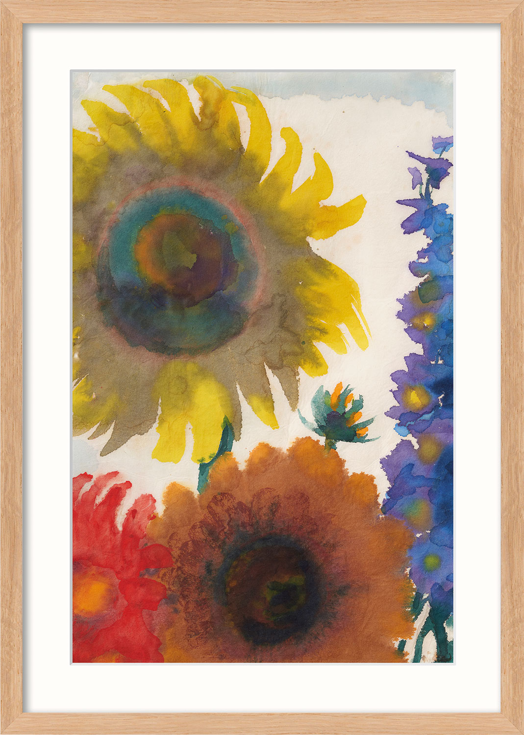 Emil Nolde: Bild 'Sonnenblumen und Rittersporn' (um 1935), Version naturfarben gerahmt