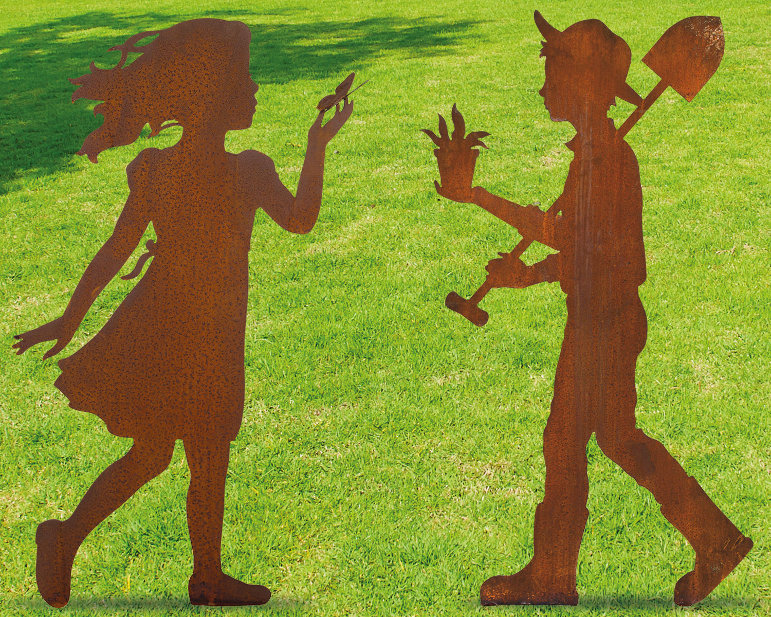 2 Gartenfiguren / Silhouetten 'Greta und Marcus' im Set, Gartenskulptur