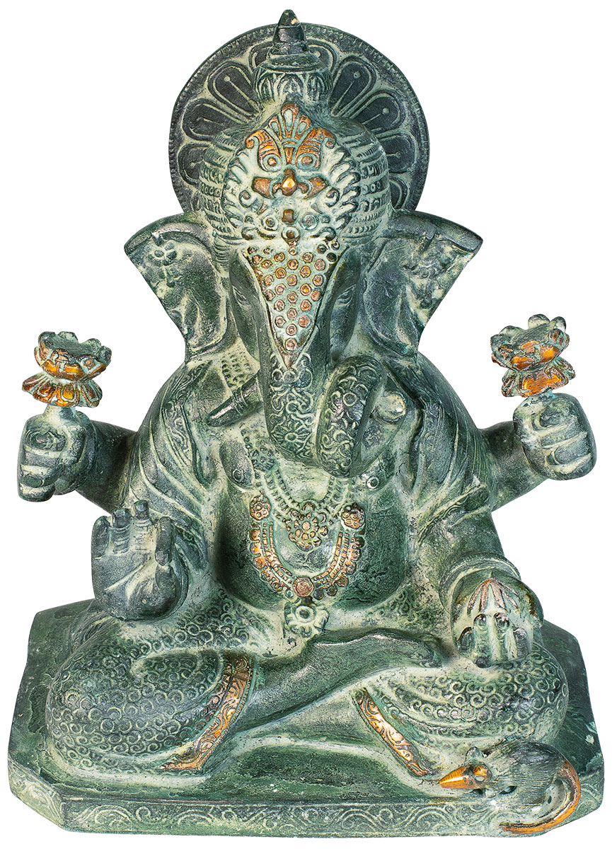 Skulptur 'Indischer Gott Ganesha', Messing Antikgrün-Finish